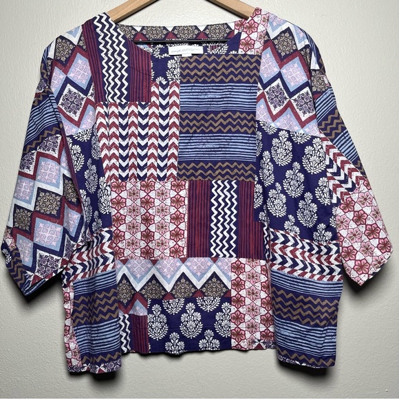 J. Jill Pure Women Top Small Organic Cotton Patchwork Boxy Half Sleeve Lagenlook - Picture 1 of 8